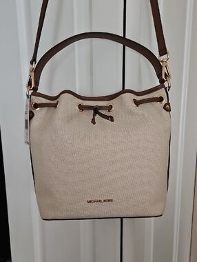 Michael Kors Cream Canvas Drawstring Bucket Bag with Brown Trim